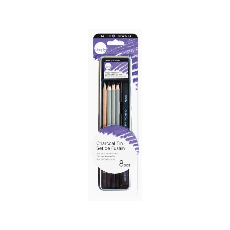 Crayons à dessin et fusain Daler Rowney Simply, lot de 8 – Boîte en métal – Noir