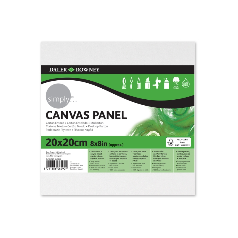 Toile cartonnée Daler Rowney Simply - 250 g - 20 x 20 cm - Triple apprêt - Grain moyen - 100 % coton sans acide - 250 g - Blanc