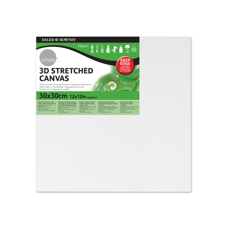 Toile tendue 3D Daler Rowney Simply - 30 x 30 cm - Triple apprêt - Grain moyen - 100 % coton sans acide - 250 g - Blanc
