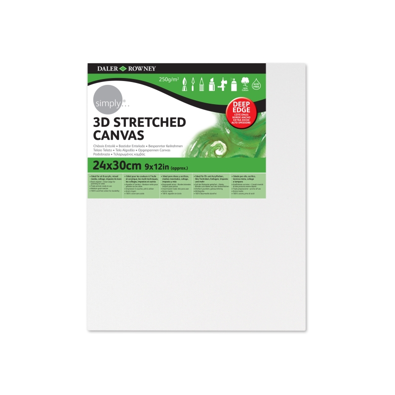 Toile tendue Daler Rowney Simply 3D - 24 x 30 cm - Triple apprêt - Grain moyen - 100 % coton sans acide - 250 g - Blanc