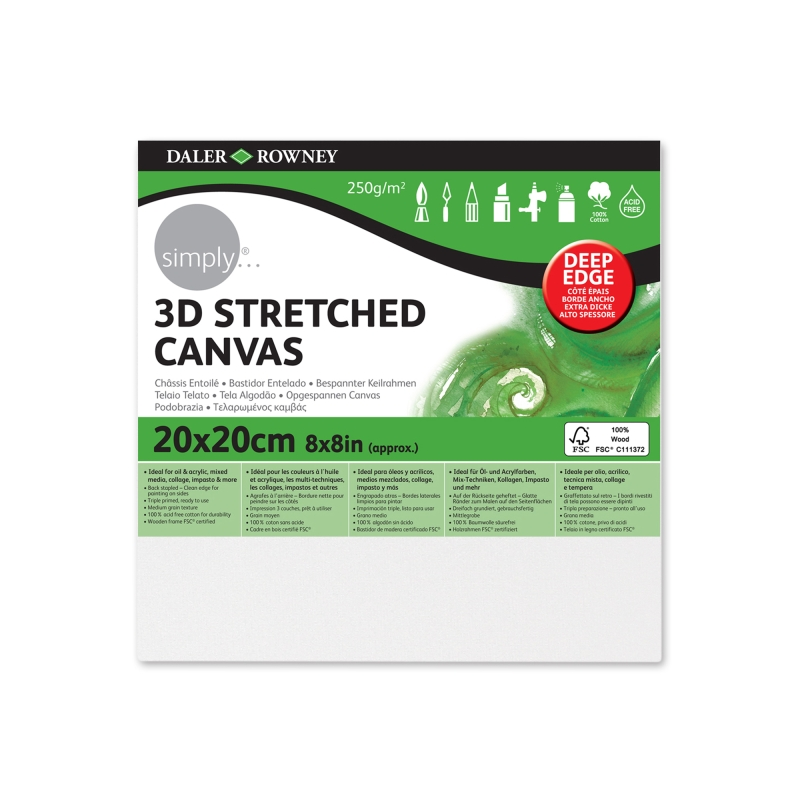 Toile tendue Daler Rowney Simply 3D - 20 x 20 cm - Triple apprêt - Grain moyen - 100 % coton sans acide - 250 g - Blanc