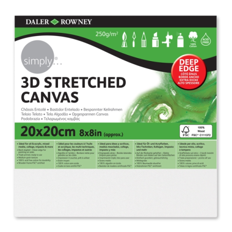 Toile tendue Daler Rowney Simply 3D - 20 x 20 cm - Triple apprêt - Grain moyen - 100 % coton sans acide - 250 g - Blanc