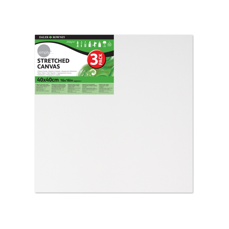 Lot de 3 cadres pour toile tendue Daler Rowney - 40 x 40 cm - Triple apprêt - Grain moyen - 100 % coton sans acide - 250 g