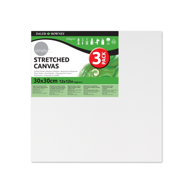 Cadres en toile tendus Daler Rowney - 30 x 30 cm - Triple apprêt - Grain moyen - 100 % coton sans acide - 250 g - Blanc