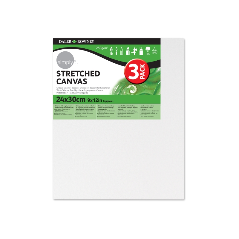 Cadres pour toiles tendues Daler Rowney Simply - Lot de 3 - 24 x 30 cm - Triple apprêt - Grain moyen - 100 % coton sans acide