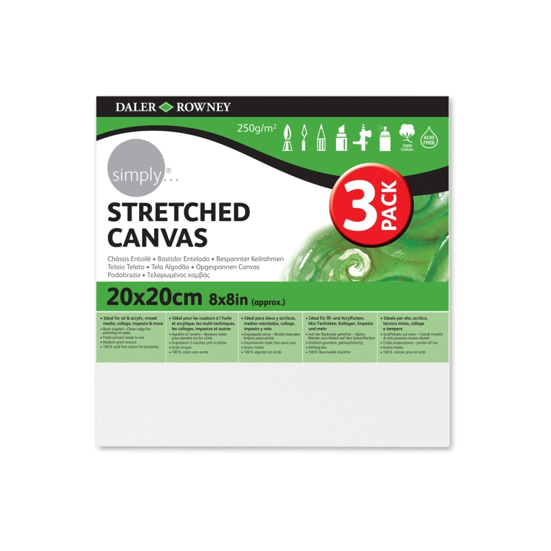 Cadres pour toiles tendues Daler Rowney Simply - Lot de 3 - 20 x 20 cm - Triple apprêt - Grain moyen - 100 % coton sans acide