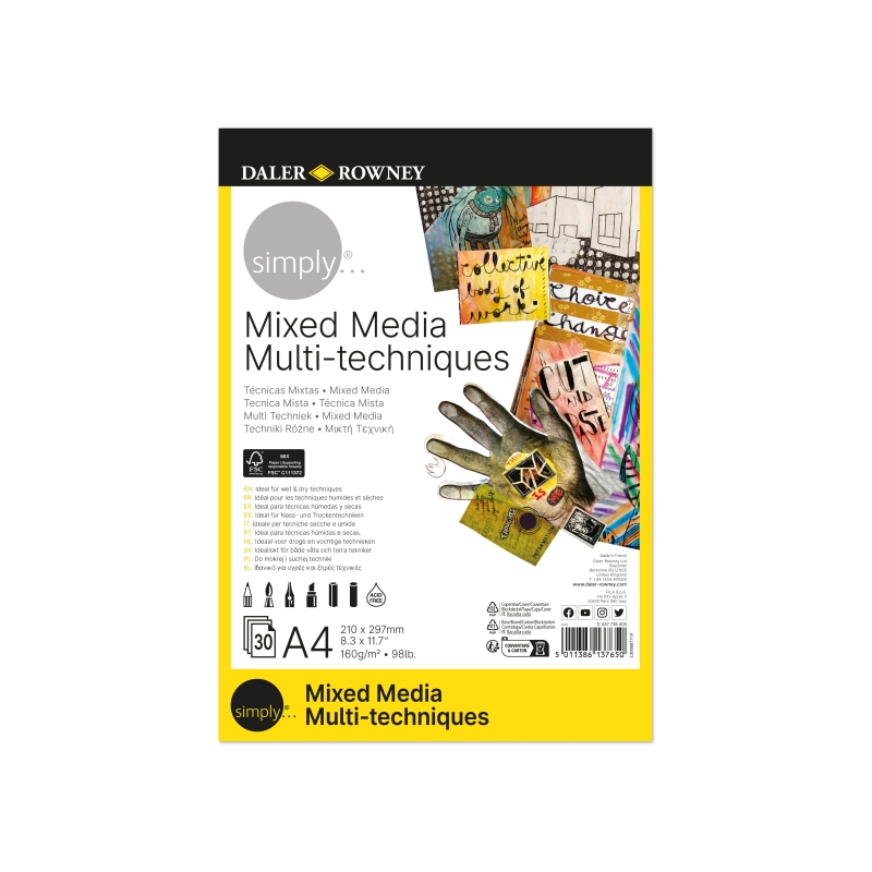 Bloc de papier technique mixte Daler Rowney Simply Glued - A4 - 160 g - 30 feuilles - Blanc