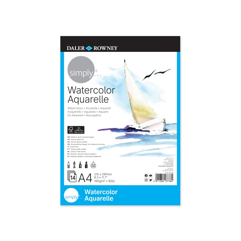 Bloc aquarelle Daler Rowney Simply Glued - A4 - 190 g - 14 feuilles - Blanc