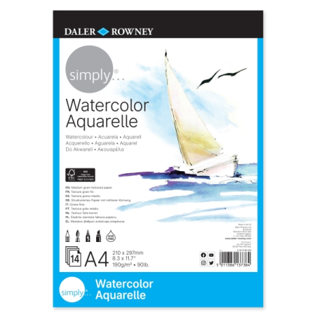 Bloc aquarelle Daler Rowney Simply Glued - A4 - 190 g - 14 feuilles - Blanc