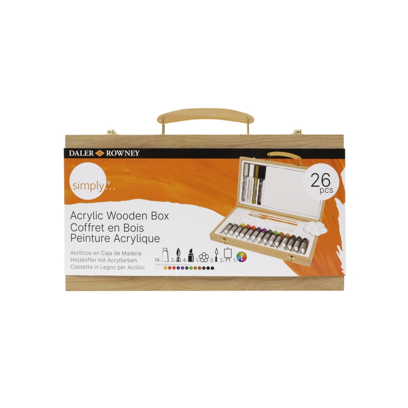 Coffret de 26 peintures acryliques Daler Rowney Simply - Coffret en bois - Couleurs assorties