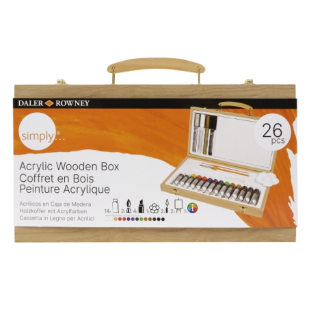 Coffret de 26 peintures acryliques Daler Rowney Simply - Coffret en bois - Couleurs assorties