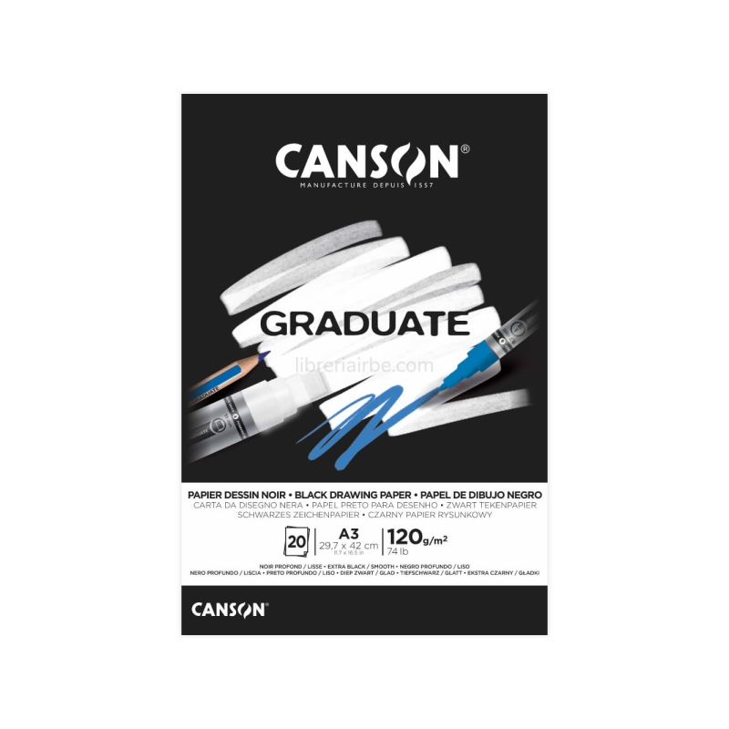 Bloc collé Canson Graduate Black de 20 feuilles A3 - 120 g - Grain fin - Noir