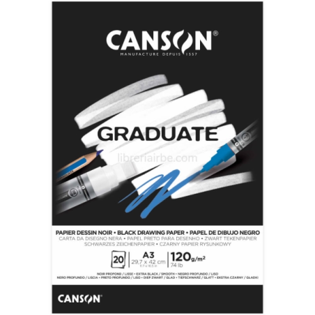 Bloc collé Canson Graduate Black de 20 feuilles A3 - 120 g - Grain fin - Noir