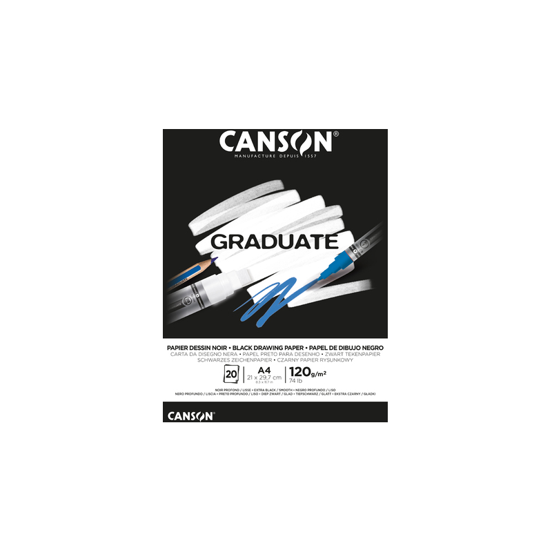 Bloc collé Canson Graduate Black de 20 feuilles A4 - 120 g - Grain fin - Noir