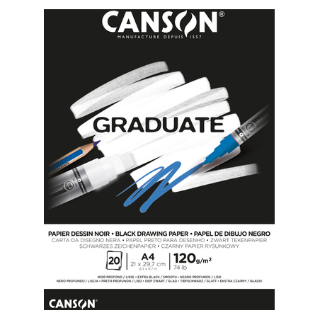 Bloc collé Canson Graduate Black de 20 feuilles A4 - 120 g - Grain fin - Noir