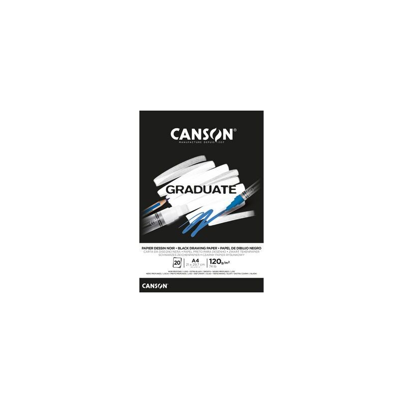 Bloc collé Canson Graduate Black de 20 feuilles A5 - 120 g - Grain fin - Noir