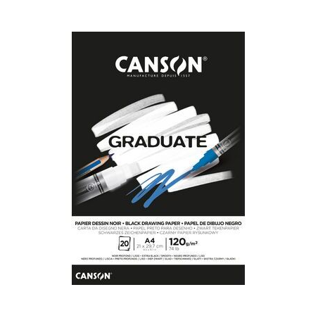 Bloc collé Canson Graduate Black de 20 feuilles A5 - 120 g - Grain fin - Noir