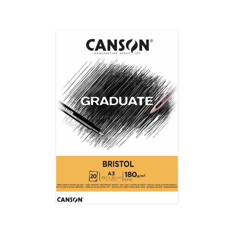 Bloc de 20 feuilles A3 encollées Canson Graduate Bristol - 180 g - Extra lisse - Blanc