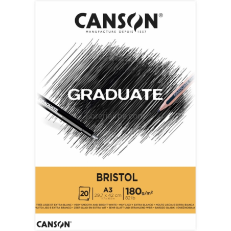 Bloc de 20 feuilles A3 encollées Canson Graduate Bristol - 180 g - Extra lisse - Blanc