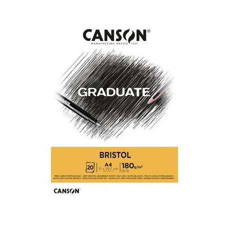 Bloc de 20 feuilles A5 encollées Canson Graduate Bristol - 180 g - Extra lisse - Blanc