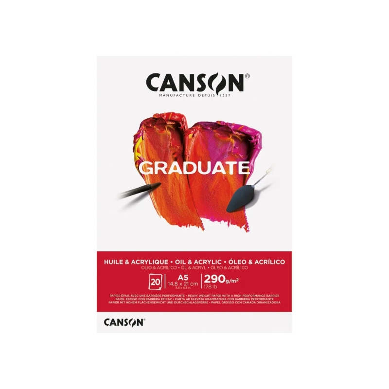 Bloc de 20 feuilles A5 Canson Graduate Huile et Acrylique - 290 g - Grain fin - Blanc