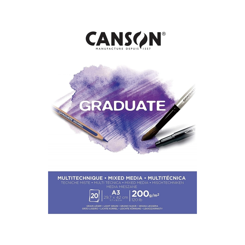 Bloc de 20 feuilles collées Canson Graduate Mix Media A3 200 g - Grain fin - Blanc