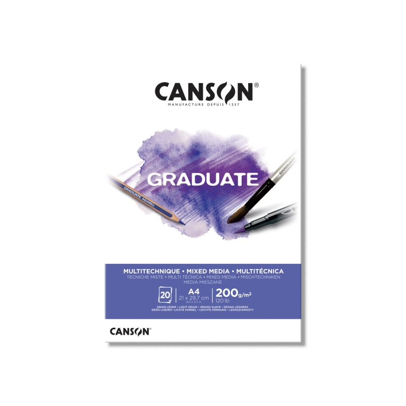 Bloc de 20 feuilles A4 Canson Graduate Mix Media collées - Grain fin - Blanc