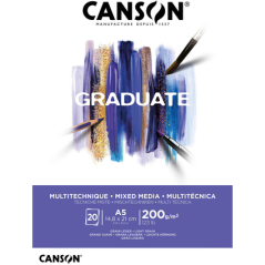 Bloc de 20 feuilles collées Canson Graduate Mix Media A5 200 g - Grain fin - Blanc