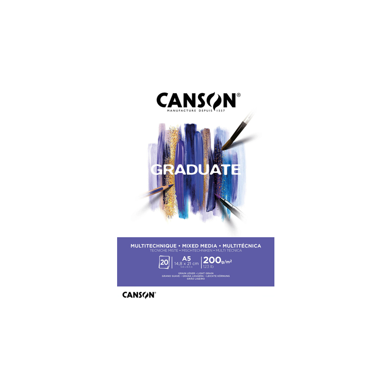 Bloc de 20 feuilles collées Canson Graduate Mix Media A5 200 g - Grain fin - Blanc