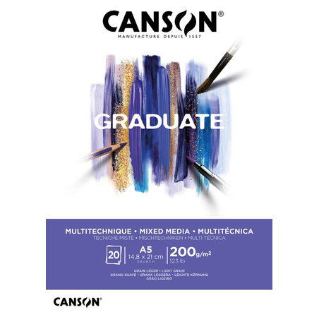 Bloc de 20 feuilles collées Canson Graduate Mix Media A5 200 g - Grain fin - Blanc
