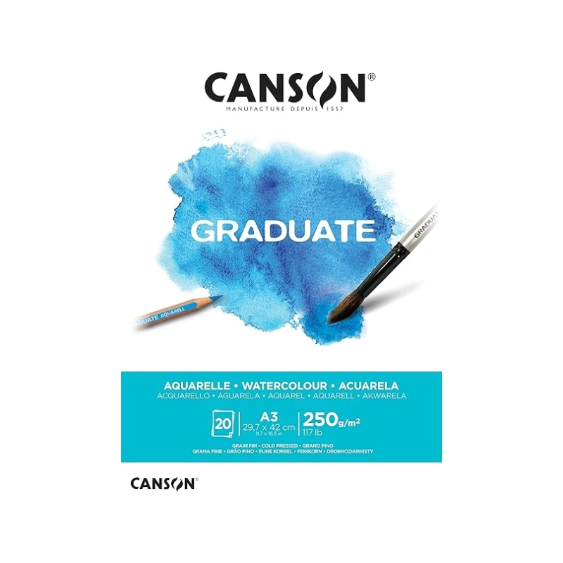 Bloc aquarelle Canson Graduate, 20 feuilles, A3 - 250 g - Grain fin - Blanc