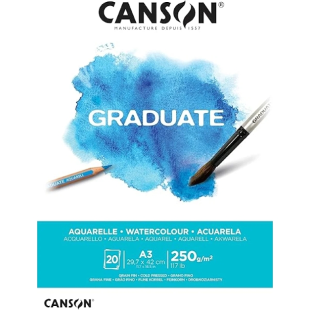 Bloc aquarelle Canson Graduate, 20 feuilles, A3 - 250 g - Grain fin - Blanc