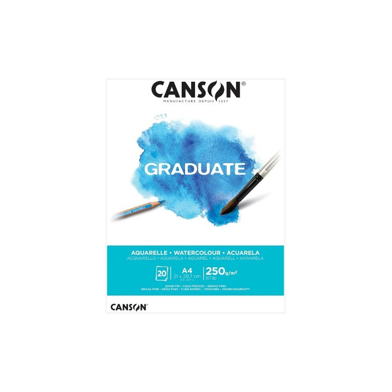 Bloc aquarelle Canson Graduate de 20 feuilles A4 - 250 g - Grain fin - Blanc