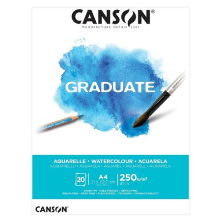 Bloc aquarelle Canson Graduate de 20 feuilles A4 - 250 g - Grain fin - Blanc