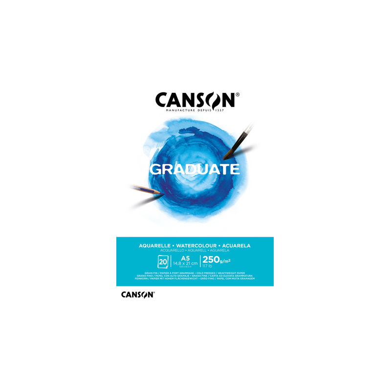 Bloc aquarelle Canson Graduate, 20 feuilles, A5 - 250 g - Grain fin - Blanc