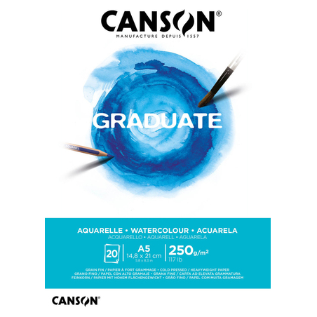 Bloc aquarelle Canson Graduate, 20 feuilles, A5 - 250 g - Grain fin - Blanc