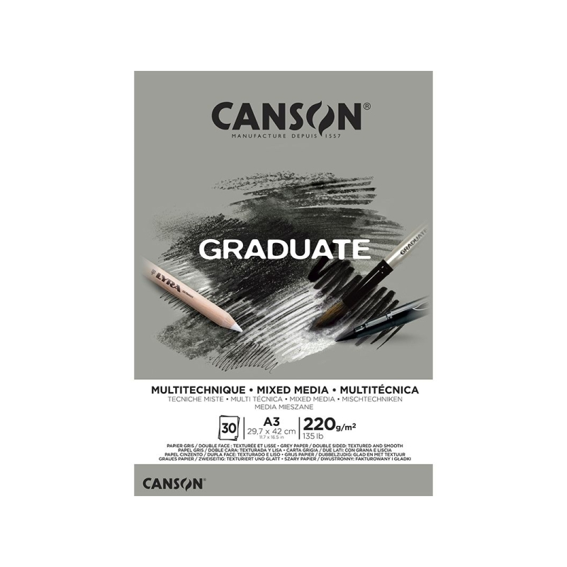 Bloc de 30 feuilles collées Canson Graduate Mix Media - 220 g - Grain fin - Gris