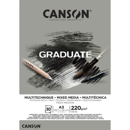Bloc de 30 feuilles collées Canson Graduate Mix Media - 220 g - Grain fin - Gris