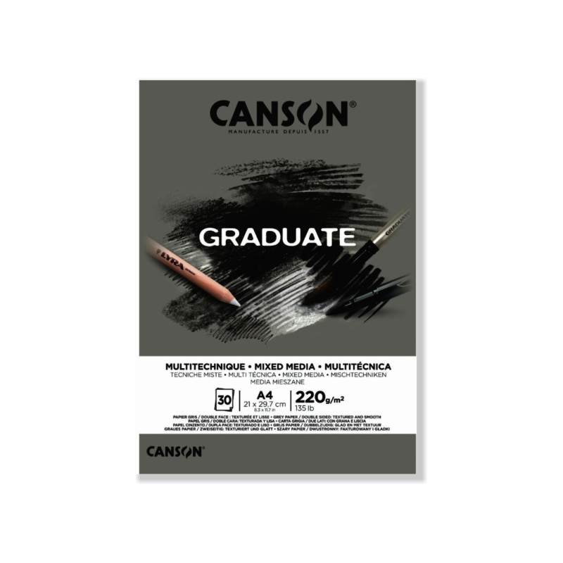 Bloc de 30 feuilles A4 Canson Graduate Mix Media collées - 220 g - Grain fin - Gris