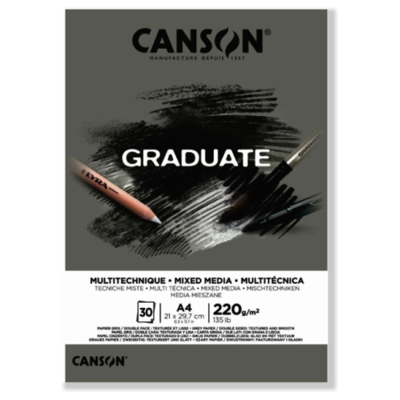 Bloc de 30 feuilles A4 Canson Graduate Mix Media collées - 220 g - Grain fin - Gris