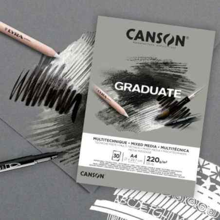Bloc de 30 feuilles A4 Canson Graduate Mix Media collées - 220 g - Grain fin - Gris
