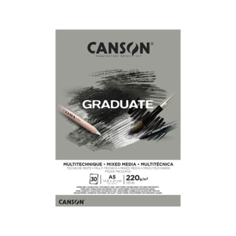 Bloc de 30 feuilles collées Canson Graduate Mix Media A5 - 220 g - Grain fin - Gris