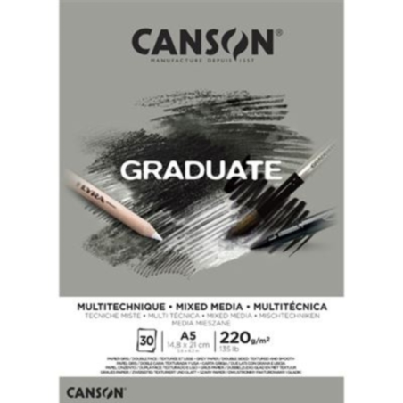 Bloc de 30 feuilles collées Canson Graduate Mix Media A5 - 220 g - Grain fin - Gris