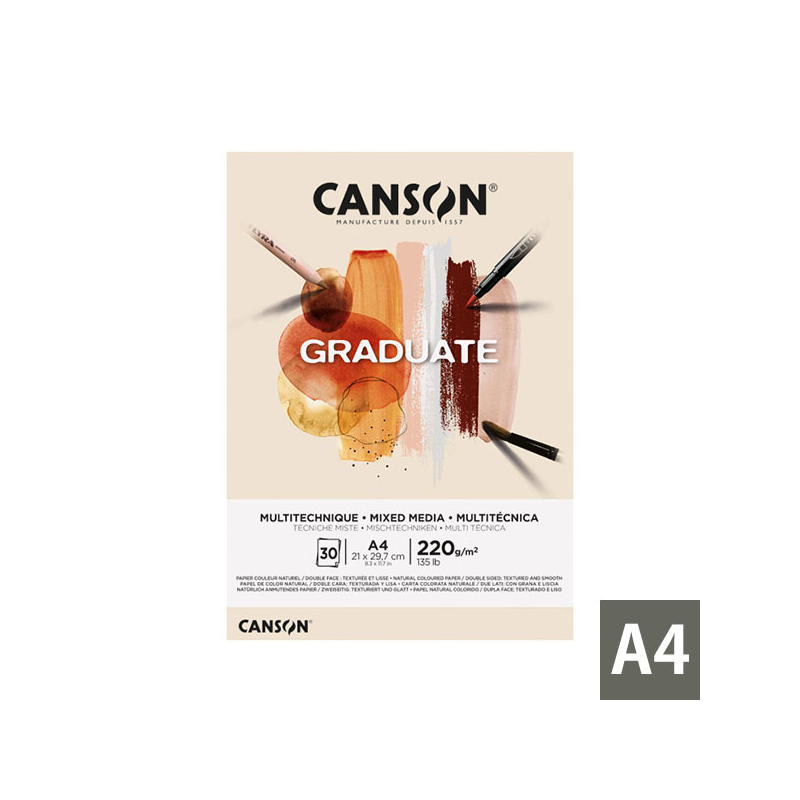 Bloc de 30 feuilles collées Canson Graduate Mix Media A4 - 220 g - Grain fin - Couleur ocre