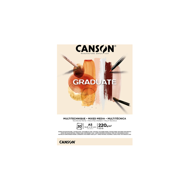 Bloc de 30 feuilles collées Canson Graduate Mix Media A5 - 220 g - Grain fin - Couleur ocre