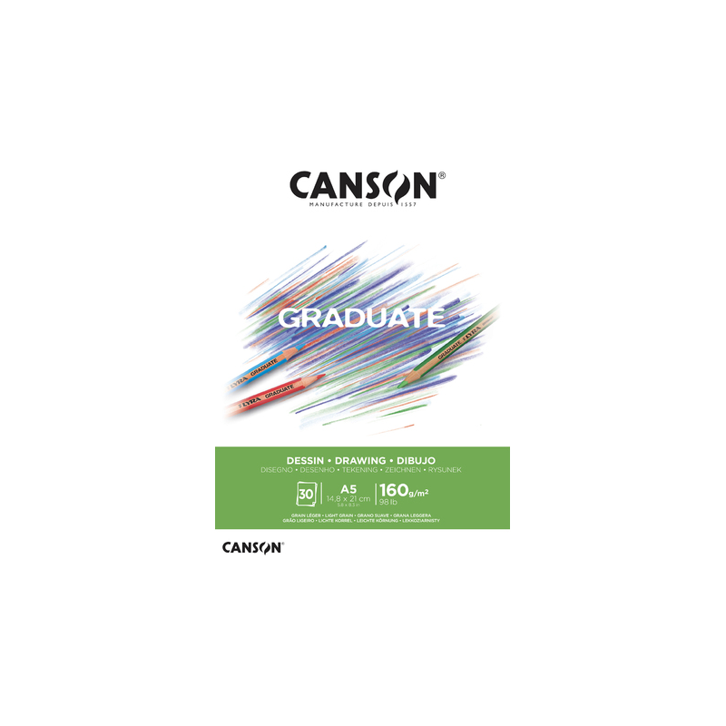 Bloc à dessin Canson Graduate, 30 feuilles, A5 - 160 g - Grain fin - Blanc naturel