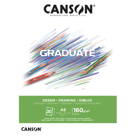 Bloc à dessin Canson Graduate, 30 feuilles, A5 - 160 g - Grain fin - Blanc naturel