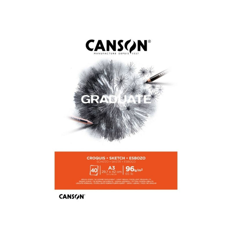 Bloc-notes Canson Graduate, 40 feuilles, A3, 96 g, grain fin, blanc