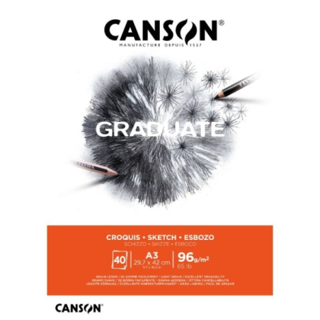 Bloc-notes Canson Graduate, 40 feuilles, A3, 96 g, grain fin, blanc