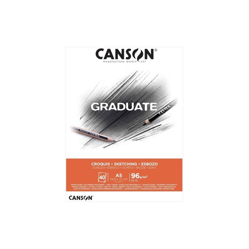 Bloc de croquis Canson Graduate, 40 feuilles A4 - 96 g - Grain fin - Blanc